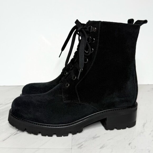 La Canadienne Jacques Black Suede Lace Up Lug Sole Heel Boot 8M - Picture 1 of 14